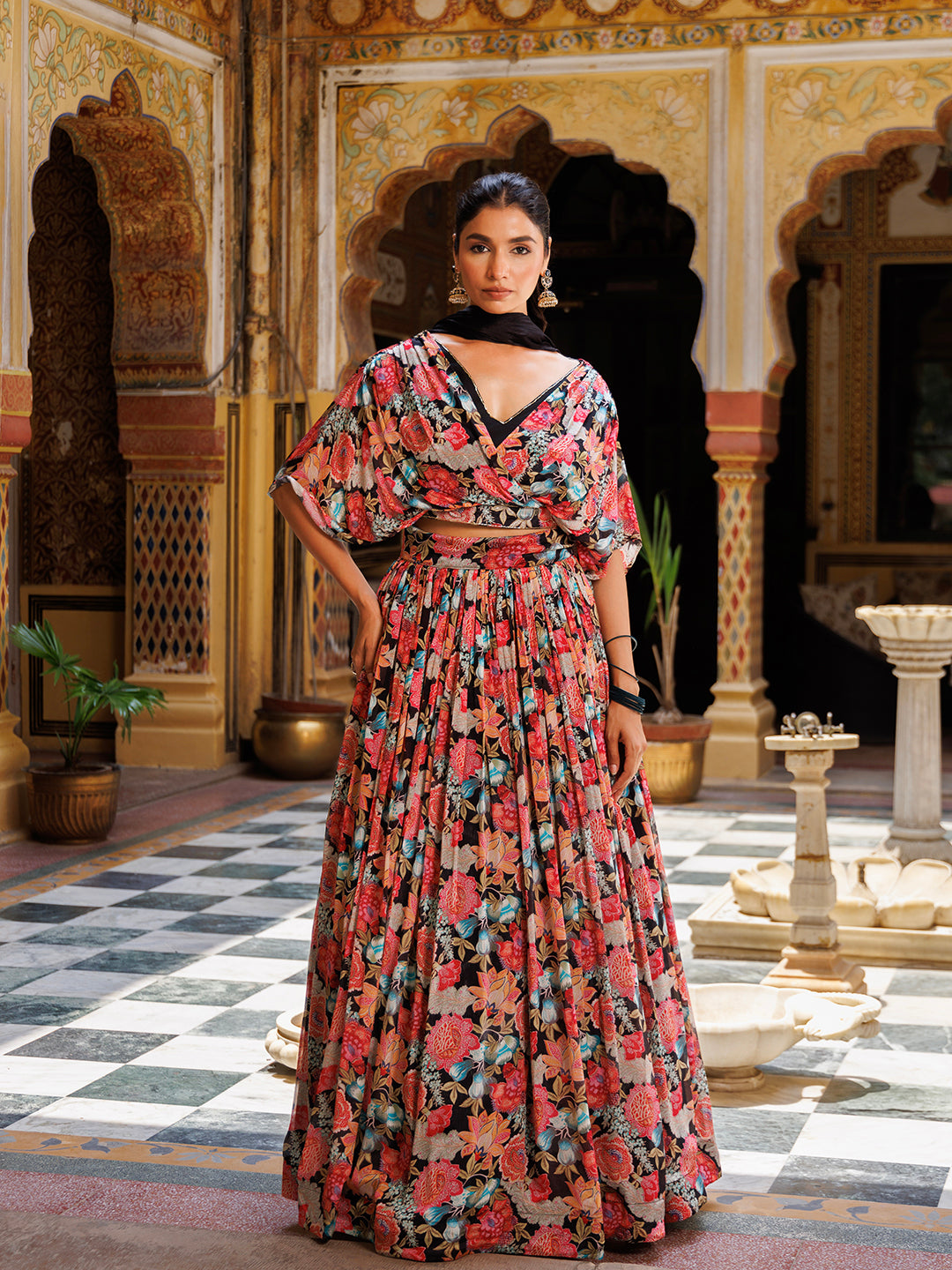 Black Floral Printed Chinon Lehenga