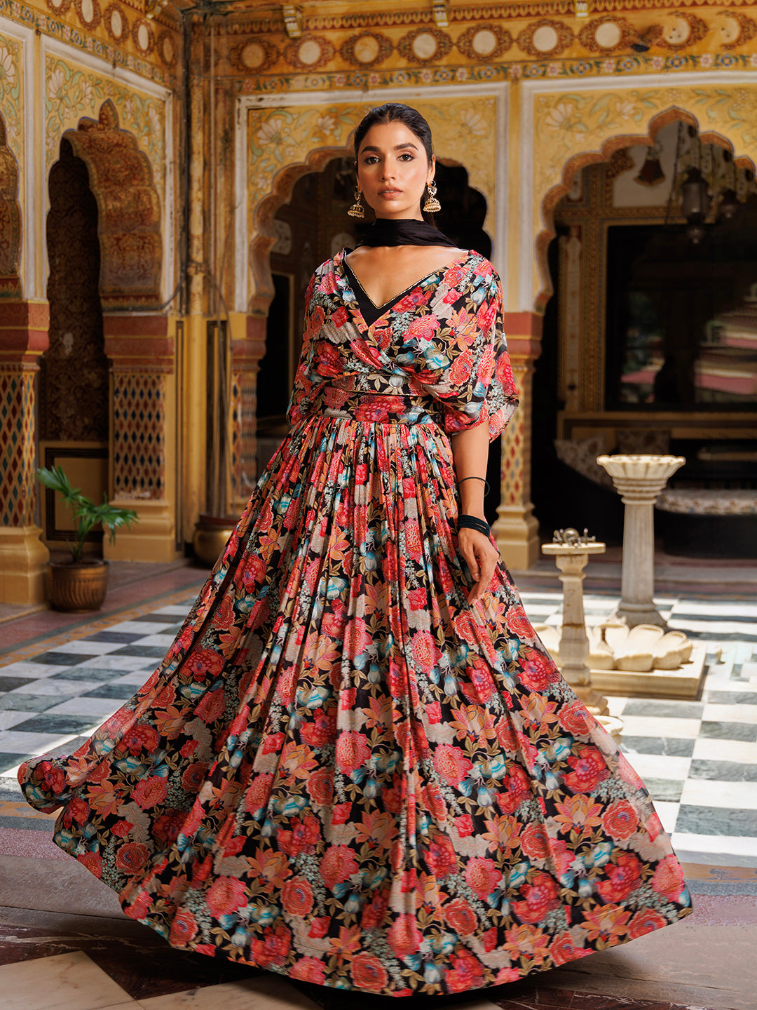 Black Floral Printed Chinon Lehenga