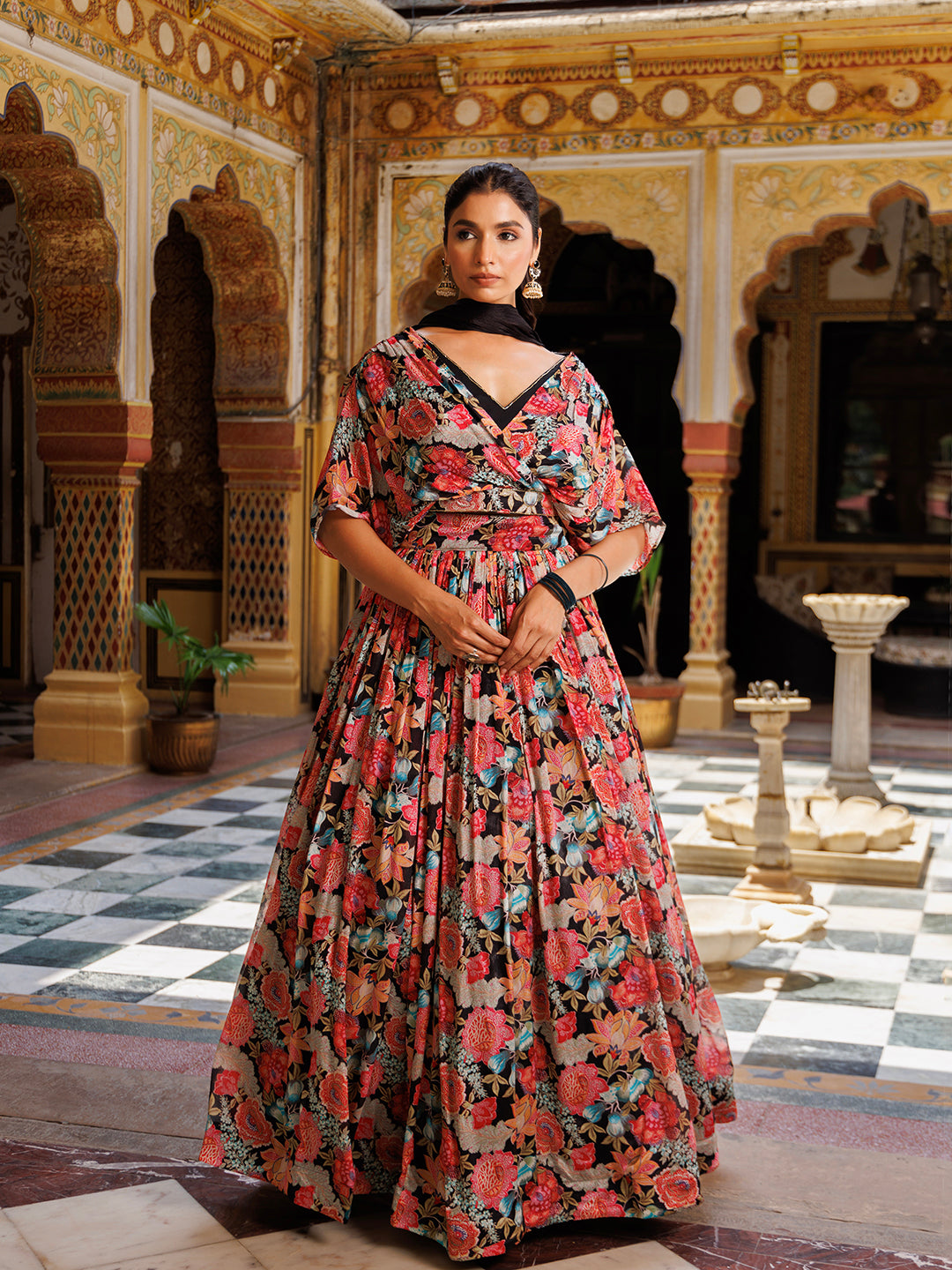 Black Floral Printed Chinon Lehenga