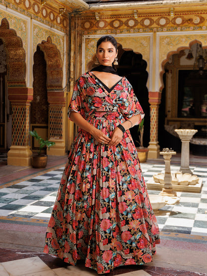 Black Floral Printed Chinon Lehenga