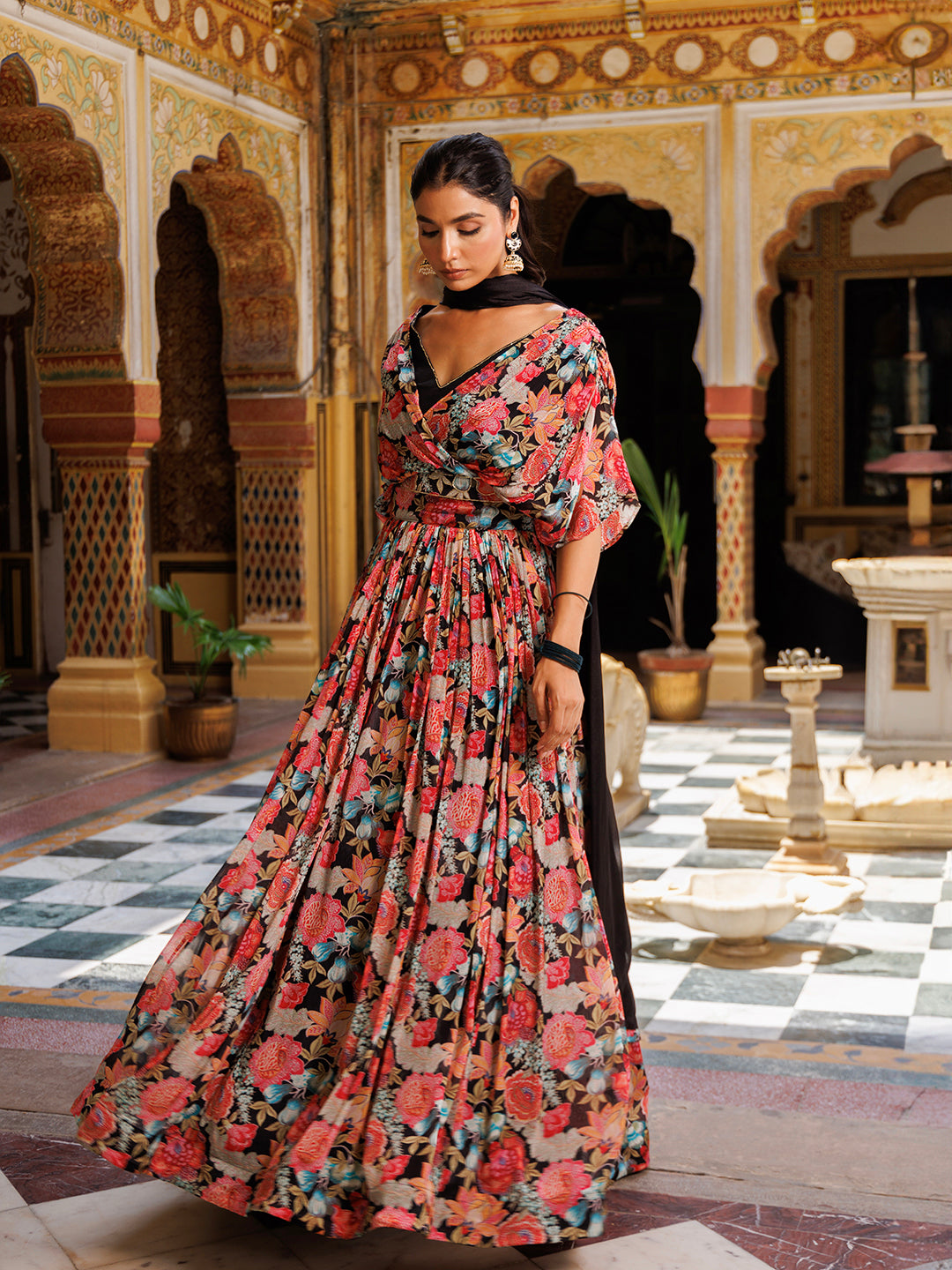 Black Floral Printed Chinon Lehenga