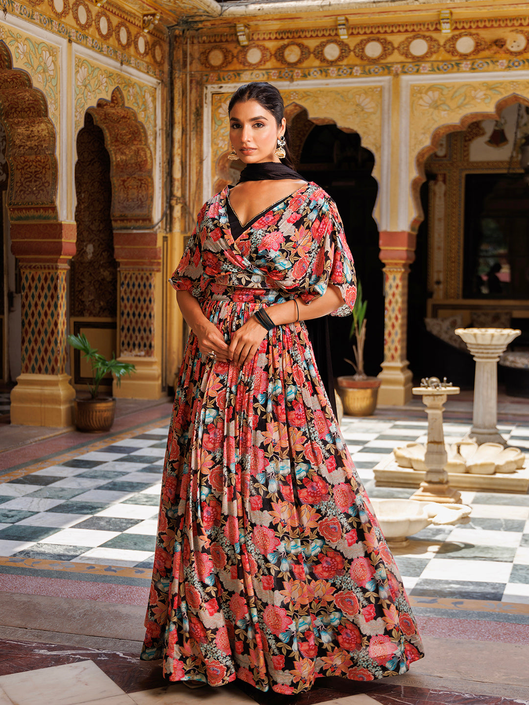 Black Floral Printed Chinon Lehenga