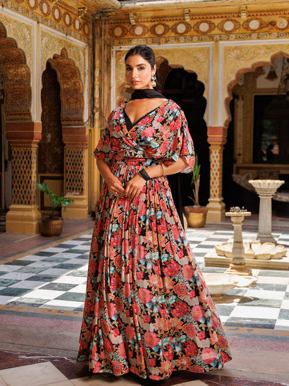 Black Floral Printed Chinon Lehenga