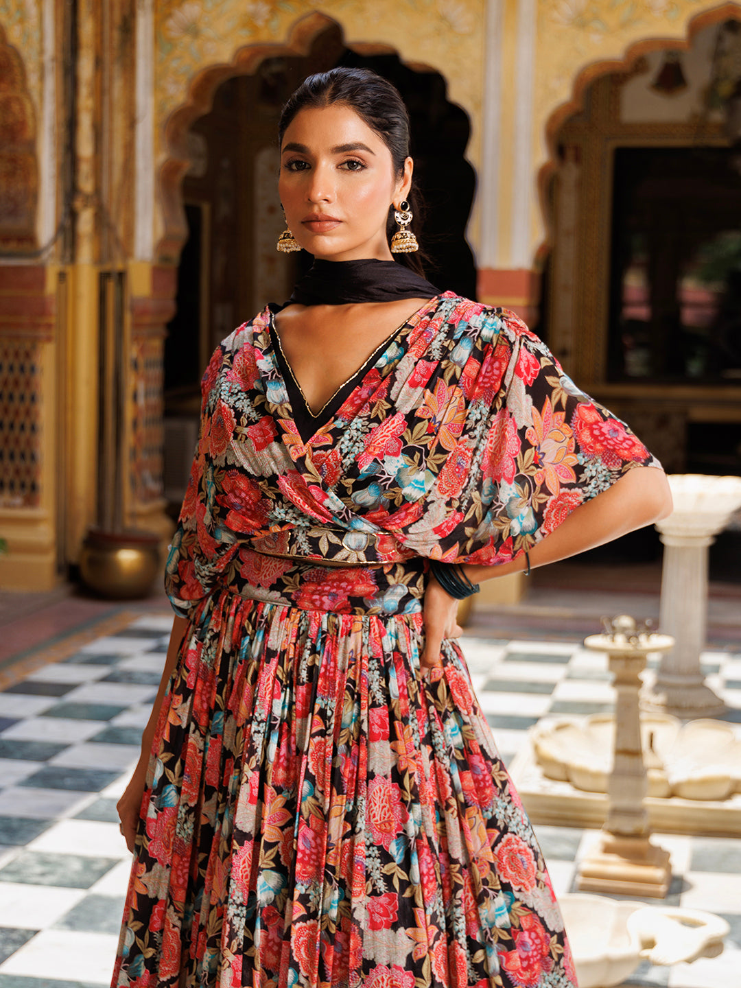 Black Floral Printed Chinon Lehenga