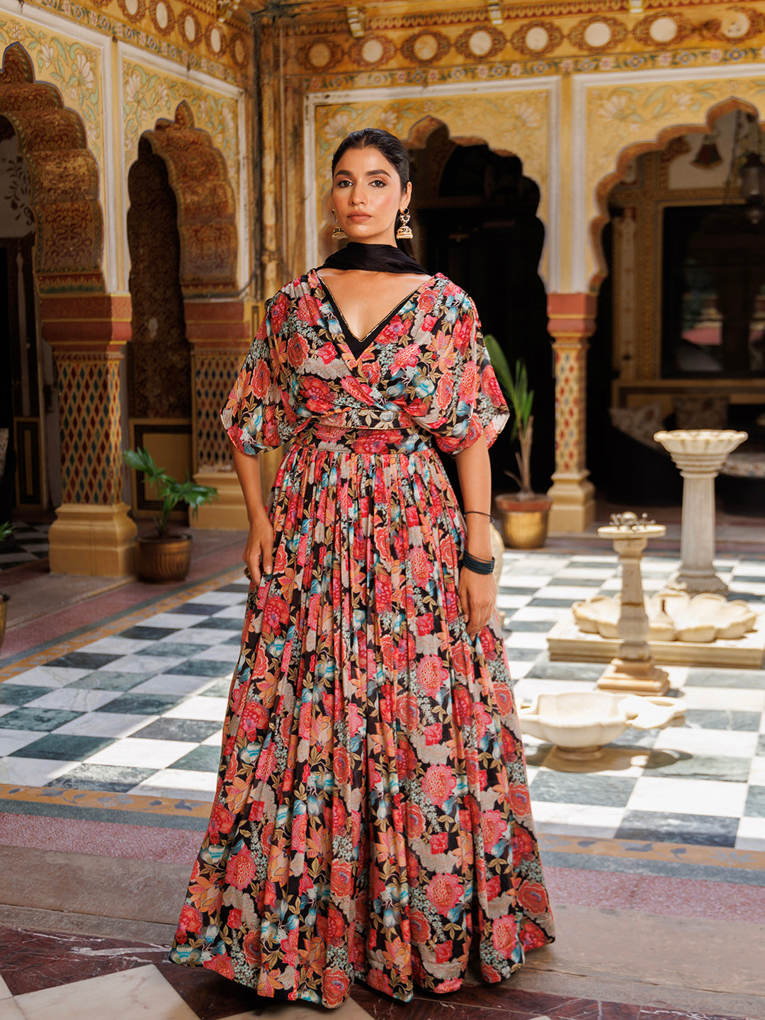 Black Floral Printed Chinon Lehenga