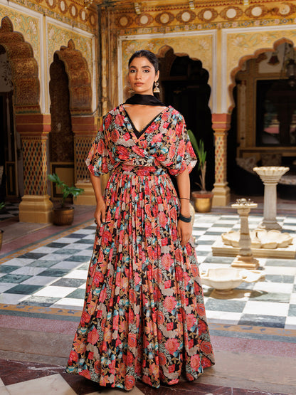 Black Floral Printed Chinon Lehenga