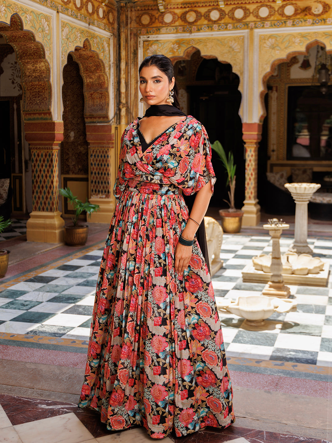 Black Floral Printed Chinon Lehenga