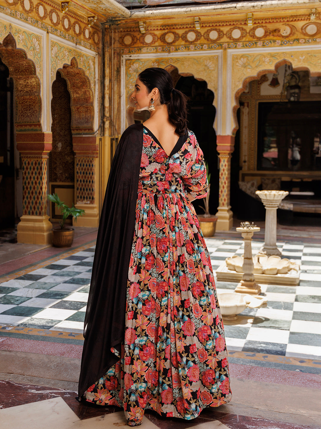 Black Floral Printed Chinon Lehenga