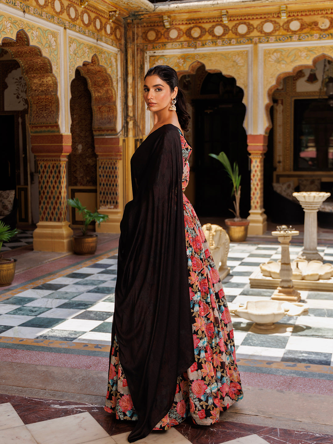 Black Floral Printed Chinon Lehenga