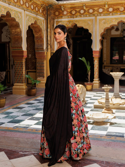 Black Floral Printed Chinon Lehenga