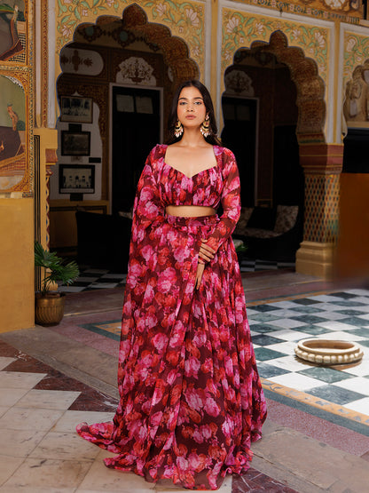 Magenta Haze Floral Printed Chiffon Lehenga Set