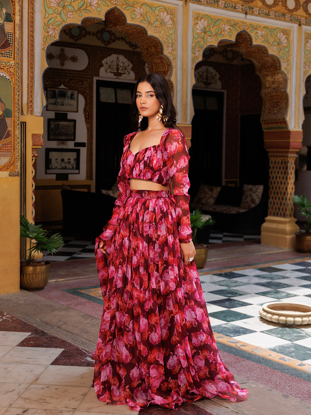Magenta Haze Floral Printed Chiffon Lehenga Set