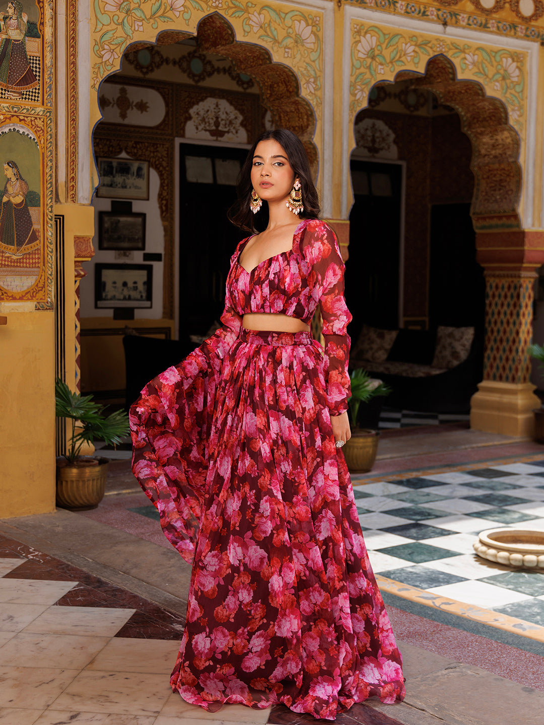 Magenta Haze Floral Printed Chiffon Lehenga Set