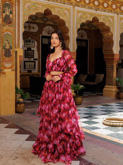 Magenta Haze Floral Printed Chiffon Lehenga Set