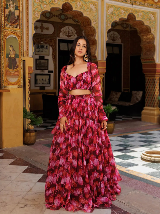 Magenta Haze Floral Printed Chiffon Lehenga Set - Ragavi