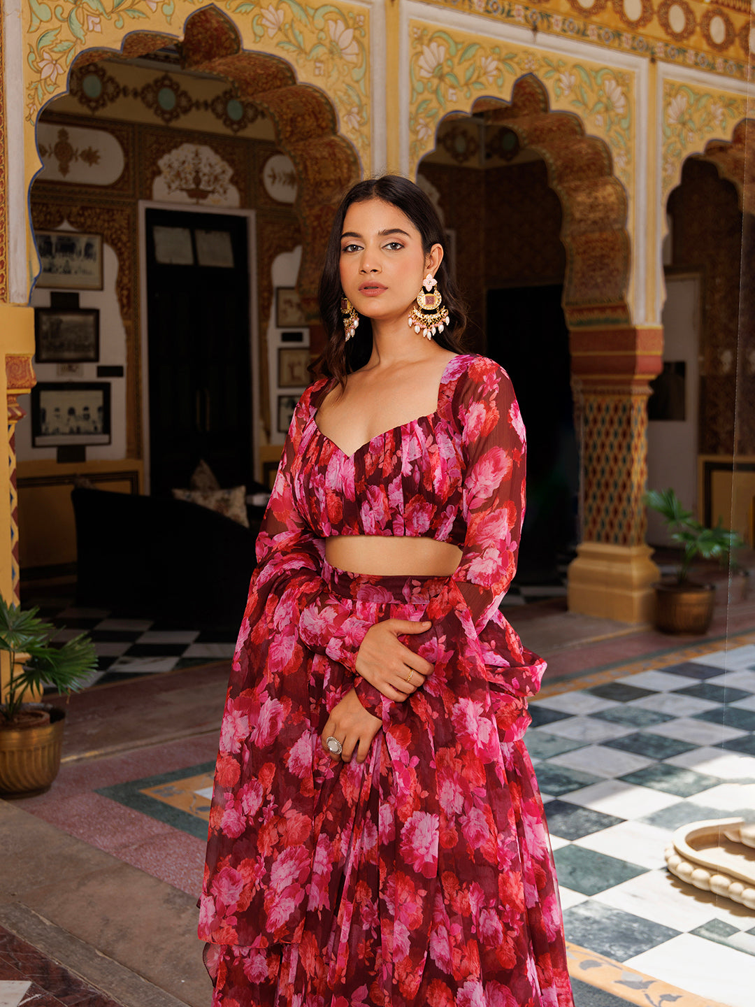 Magenta Haze Floral Printed Chiffon Lehenga Set