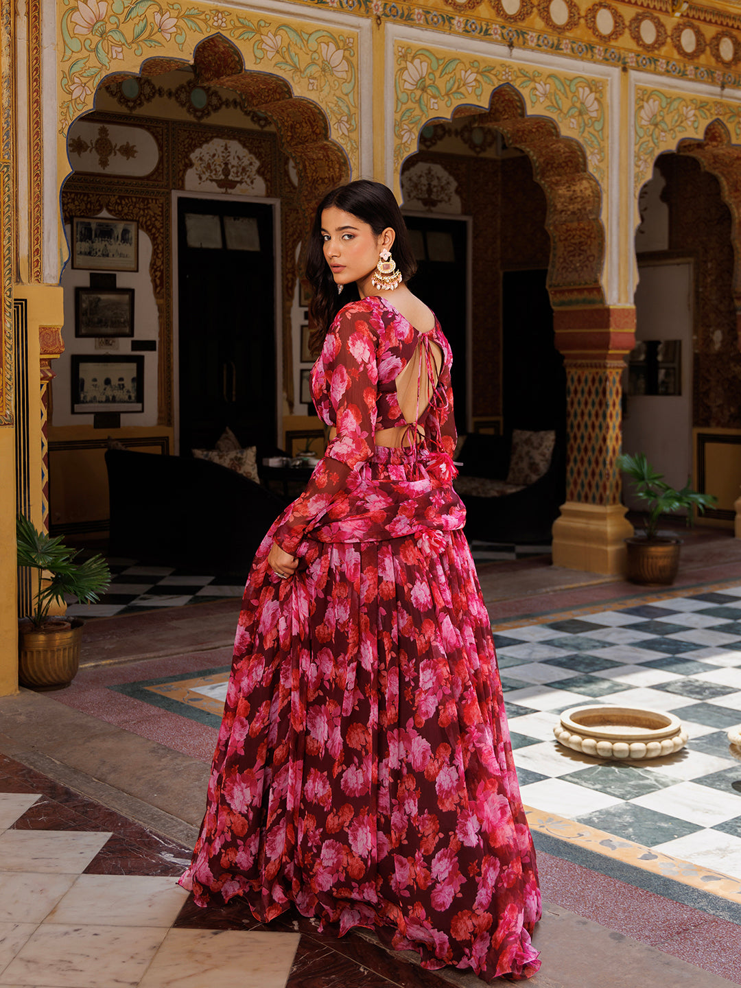 Magenta Haze Floral Printed Chiffon Lehenga Set