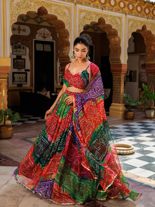 Pachranga Leheriya Floral Printed Chiffon Lehenga Set - Ragavi