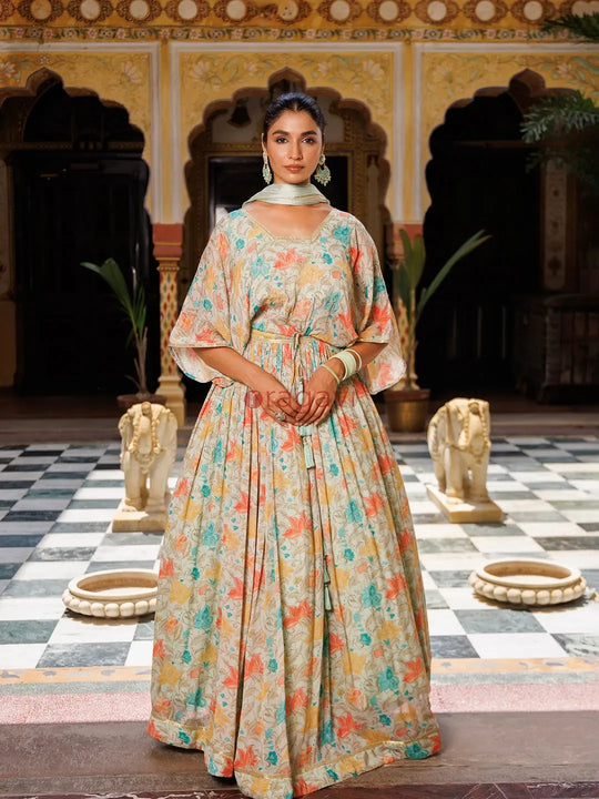 Mint Floral Printed Pure Chinon Lehenga - Ragavi