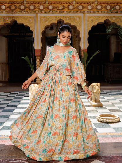Mint Floral Printed Pure Chinon Lehenga
