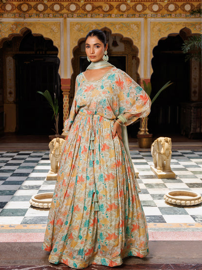 Mint Floral Printed Pure Chinon Lehenga