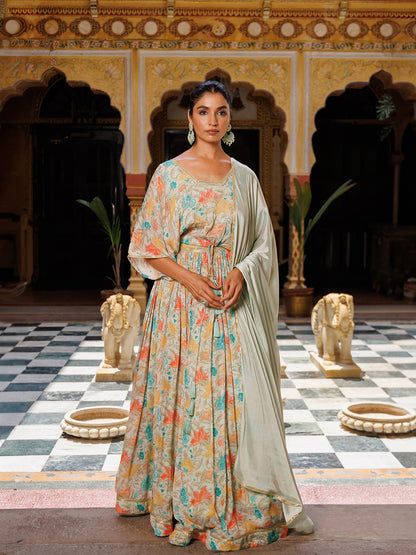 Mint Floral Printed Pure Chinon Lehenga