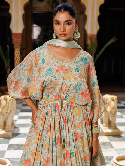 Mint Floral Printed Pure Chinon Lehenga