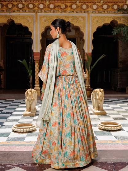 Mint Floral Printed Pure Chinon Lehenga