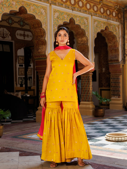 Bumblebee Yellow Pink Embroidered Sharara Set