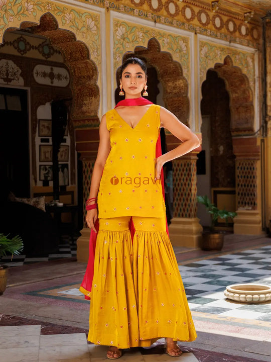 Bumblebee Yellow Pink Embroidered Sharara Set - Ragavi