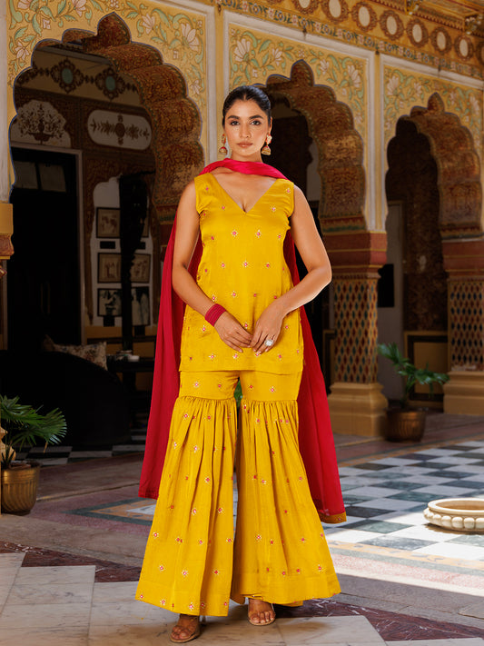 Bumblebee Yellow Pink Embroidered Sharara Set