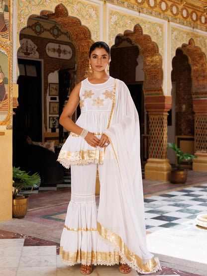 Cannoli Cream White Cotton Gotawork Sharara Set