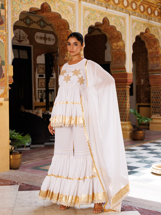 Cannoli Cream White Cotton Gotawork Sharara Set