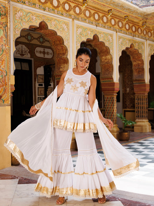 Cannoli Cream White Cotton Gotawork Sharara Set