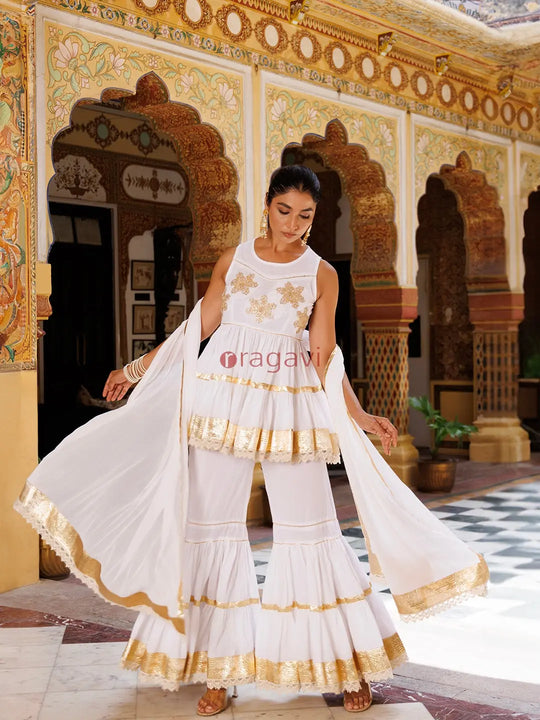 Cannoli Cream White Cotton Gotawork Sharara Set - Ragavi