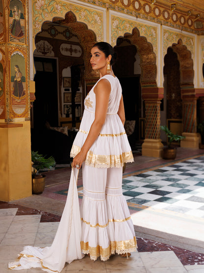 Cannoli Cream White Cotton Gotawork Sharara Set