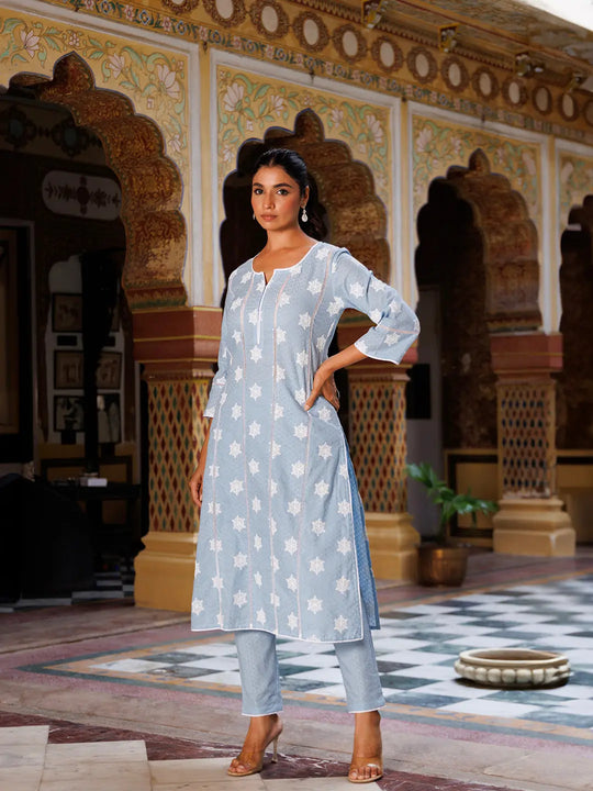 Ice Melt Blue Cotton Embroidered Kurta Set - Ragavi