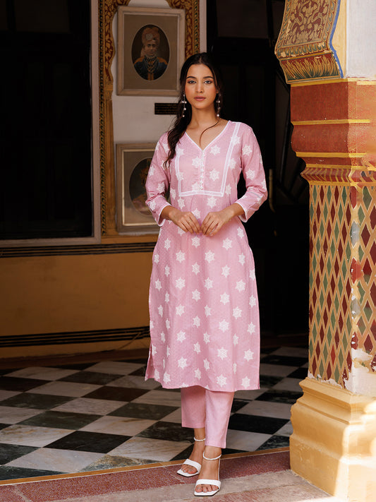 Mauve Chalk Pink Cotton Embroidered Kurta Set