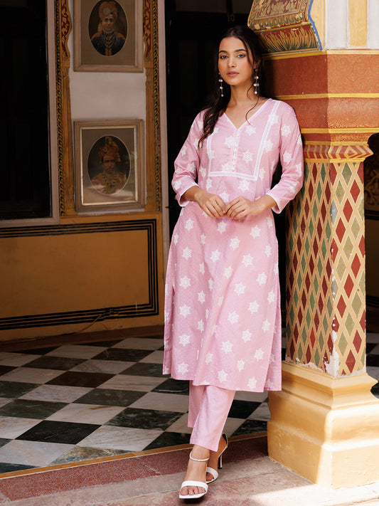 Mauve Chalk Pink Cotton Embroidered Kurta Set