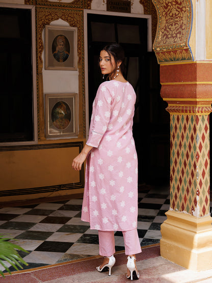 Mauve Chalk Pink Cotton Embroidered Kurta Set