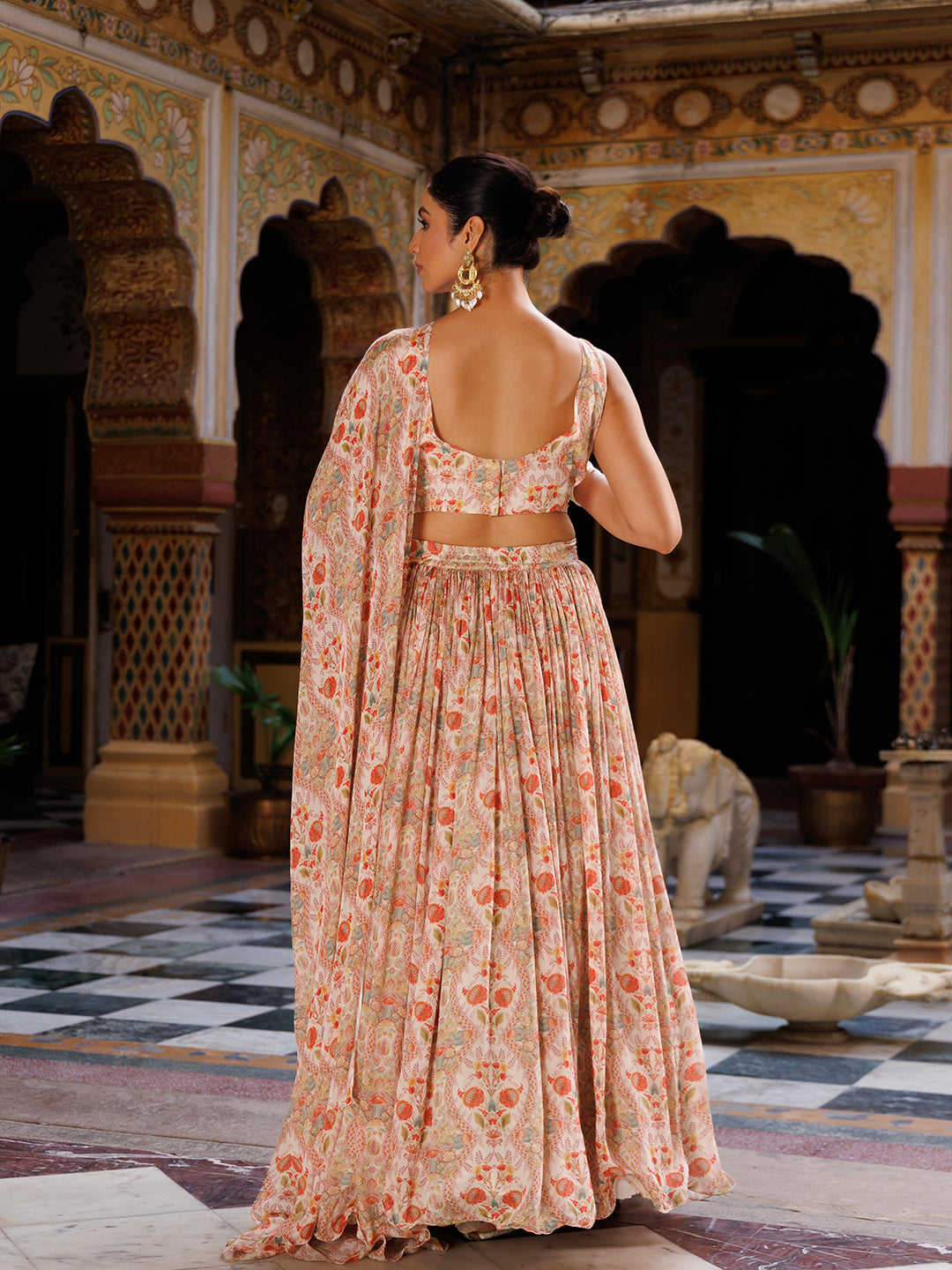 Off White Floral Printed Chinon Lehenga