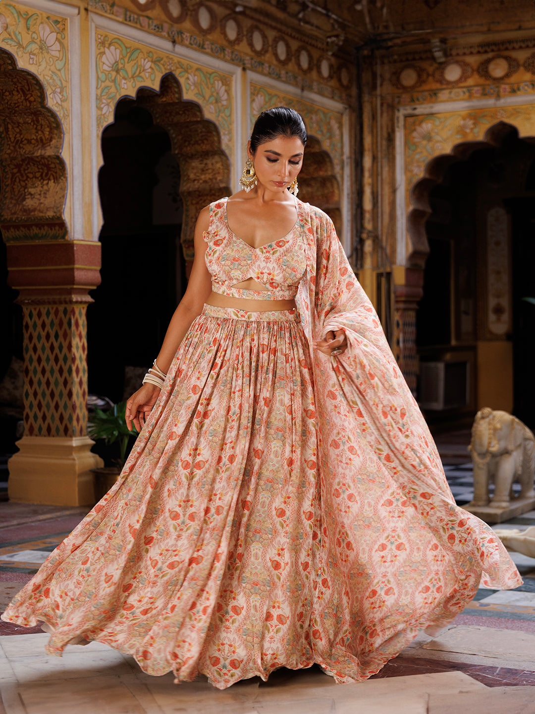 Off White Floral Printed Chinon Lehenga