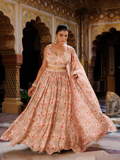 Off White Floral Printed Chinon Lehenga