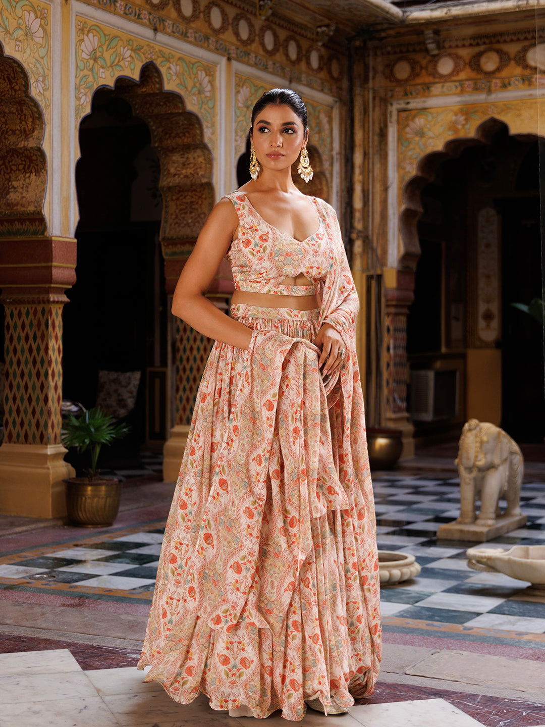 Off White Floral Printed Chinon Lehenga