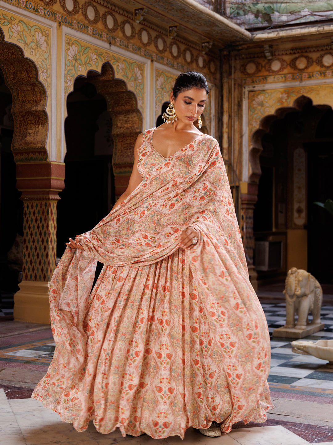Off White Floral Printed Chinon Lehenga