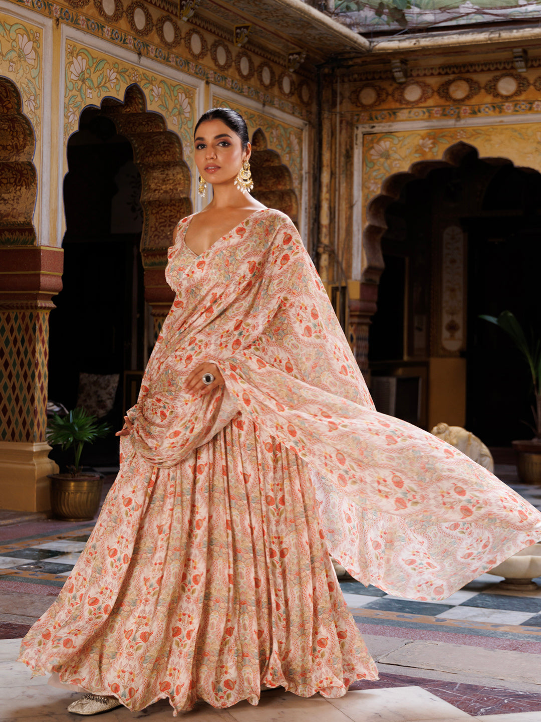 Off White Floral Printed Chinon Lehenga