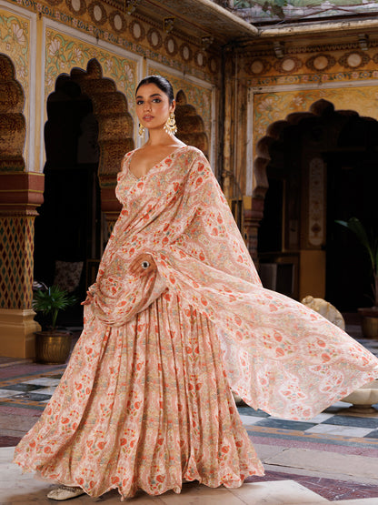 Off White Floral Printed Chinon Lehenga