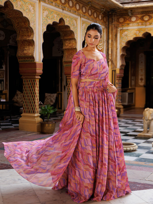 Purple Printed Chinon Lehenga