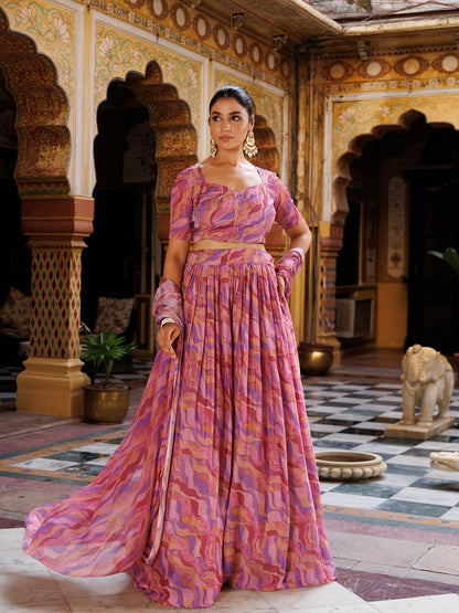 Purple Printed Chinon Lehenga