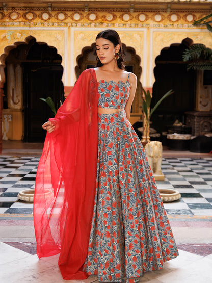 Titanium Grey Red Chanderi Lehenga Set